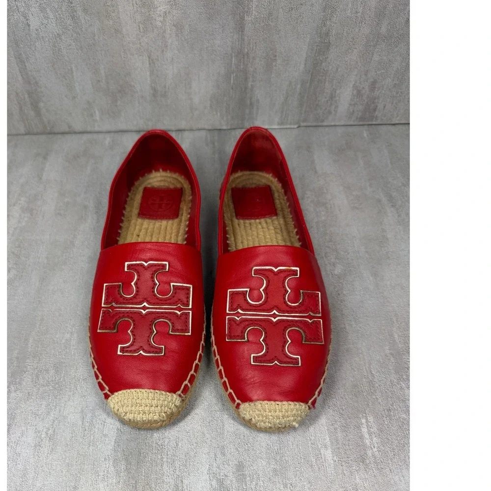 Tory Burch Ines Red Leather Espadrille Flats Double T Logo 52035 Womens 6.5M